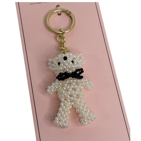 BcbGeneration Teddy Bear Bag Charm Pearls White Black Bow Handbag Key Ring New - Picture 1 of 9